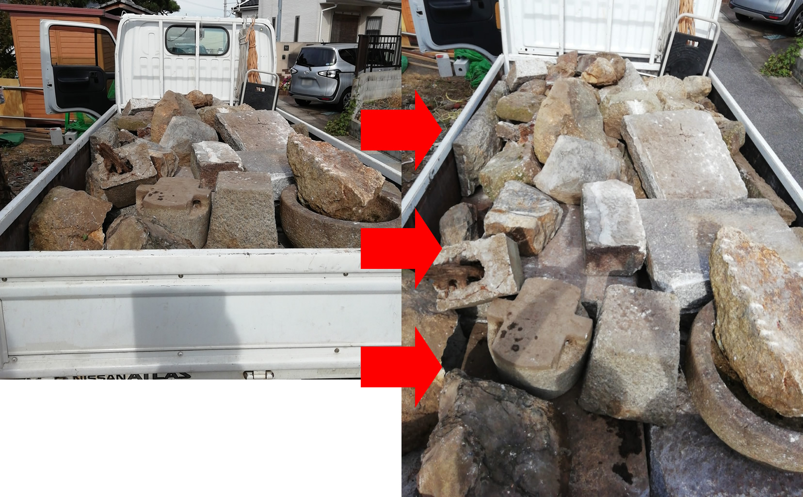 【大津市膳所】木材や庭石の回収！大きく重量のある石もあっという間に運び出し、スピーディーな対応にご満足いただけました。